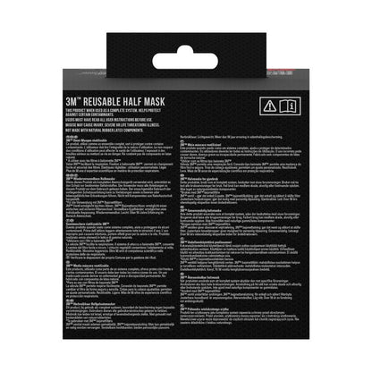 The back of the 3M Reusable Half Mask features multilingual instructions and compatible items like the 3M™ Filter Cartridge 6059, ABEK1 Combination Filter (1 Pair/Pack) from 3M Deutschland GmbH for optimal protection.