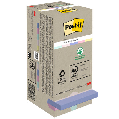 A pack of 3M Post-it® Recycling Notes (76 x 76 mm, 100 sheets, 100% PEFC) stands upright in an eco-friendly brown packaging with pastel-colored edges and the black and yellow Post-it logo.