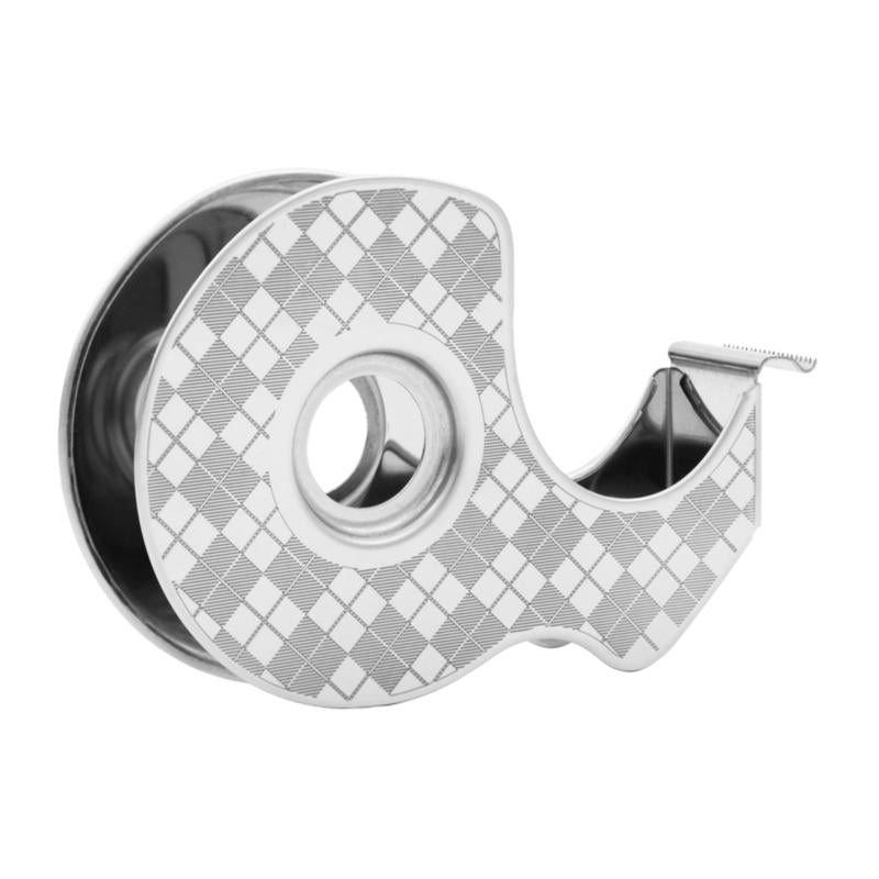 The silver Scotch™ stainless steel tape dispenser from 3M Deutschland GmbH holds a roll of Scotch® Magic™ tape (19 mm x 13.9 m) with 66% plant-based adhesive and features a serrated cutting edge and a round opening in the middle.