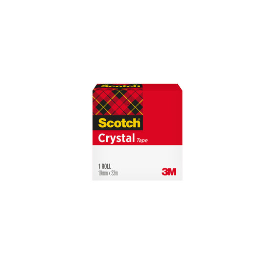 Eine Packung Scotch® Crystal Klebeband von 3M Deutschland GmbH, transparentes Klebeband, enthält 1 Rolle (19 mm x 33 m).