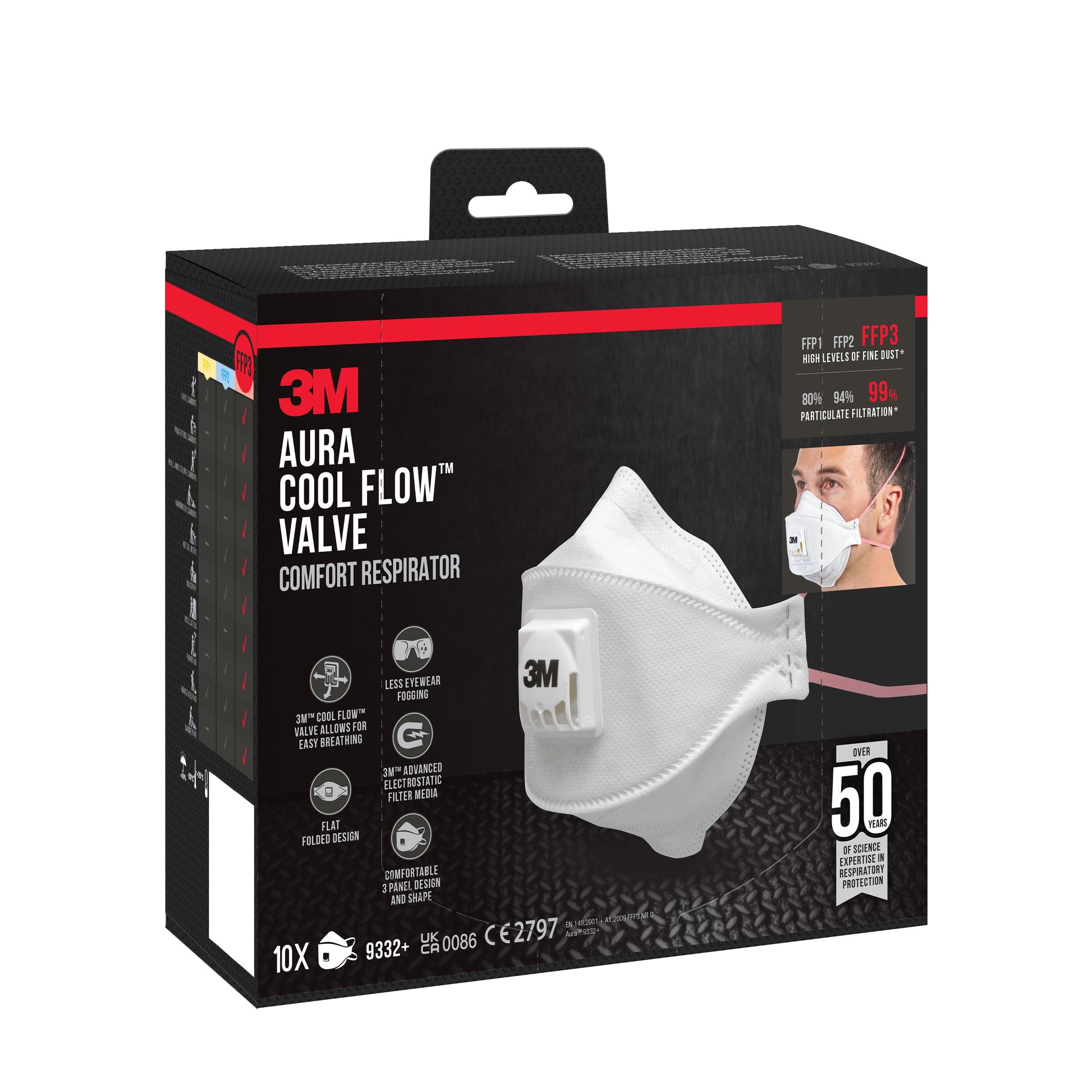 Eine Schachtel mit 10 3M™ Aura™ Comfort Cool Flow™ Partikelmaske 9332+ FFP3 von 3M Deutschland GmbH, mit einer Abbildung der Maske, einer Person, die sie trägt, und Details zu Schutz und Komfort mit einem Ventil für leichteres Atmen.