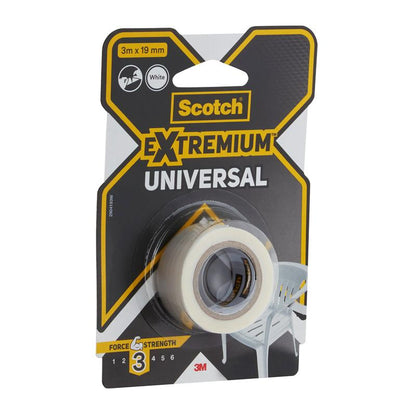 A pack of Scotch® Extremium™ Universal Adhesive Tape from 3M Deutschland GmbH, 3 m x 19 mm, with visible white tape. The black-yellow-gray packaging shows a white plastic chair.