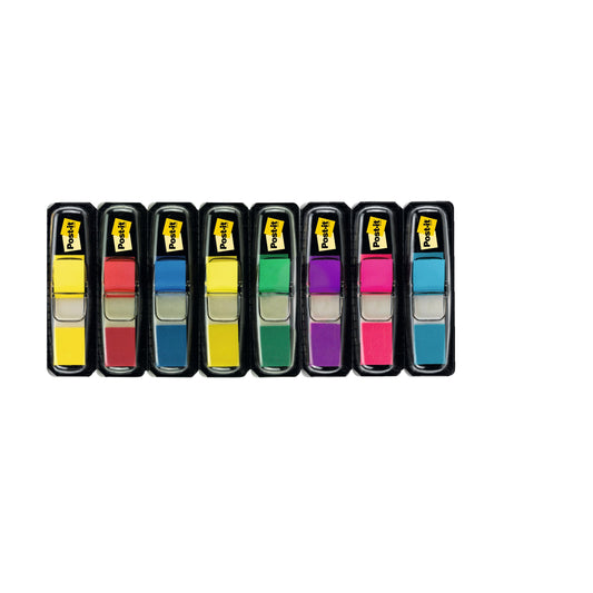 Acht Packungen Post-it® Index Haftstreifen Mini (3M Deutschland GmbH) mit je zwei Farben - gelb, rot, blau, marine, grün, hellgrün, rosa, türkis - sind nebeneinander angeordnet; auf jeder Packung ist das Post-it® Logo abgebildet.