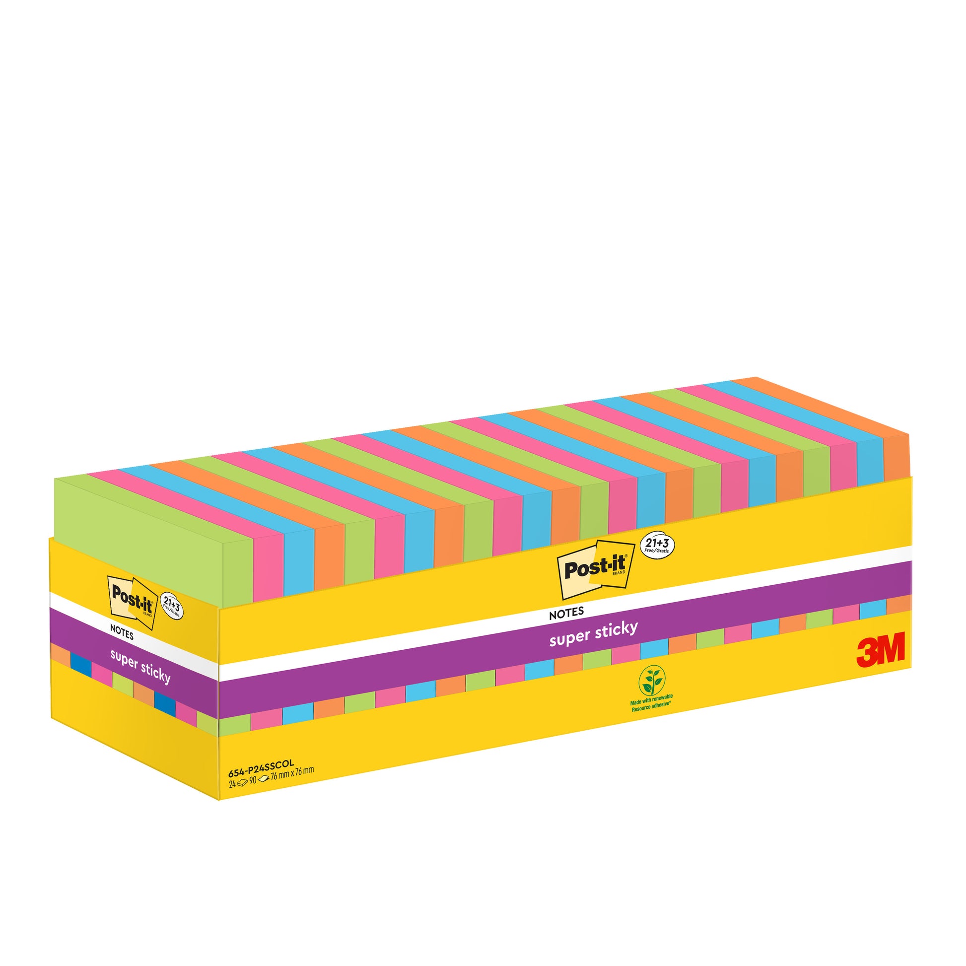 Eine rechteckige gelbe Schachtel mit Post-it® Super Sticky Notes (76 mm x 76 mm, 90 Blatt/Pad, 100% PEFC) von 3M Deutschland GmbH, mit mehreren Blöcken in verschiedenen Farben und einem lila Streifen auf der Vorderseite mit Produktetiketten.