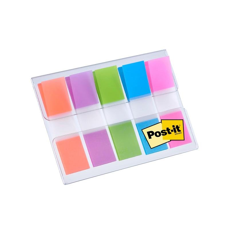 The Post-it® Index Tabs Mini dispenser from 3M Deutschland GmbH holds 100 rectangular tabs (11.9 mm x 43.2 mm) in the colors orange, pink, purple, green, and blue; the Post-it logo is located in the lower right corner of the case.