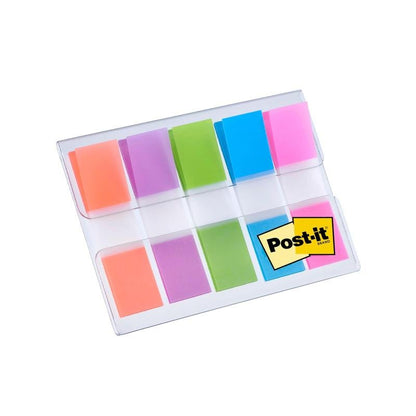 The Post-it® Index Tabs Mini dispenser from 3M Deutschland GmbH holds 100 rectangular tabs (11.9 mm x 43.2 mm) in the colors orange, pink, purple, green, and blue; the Post-it logo is located in the lower right corner of the case.