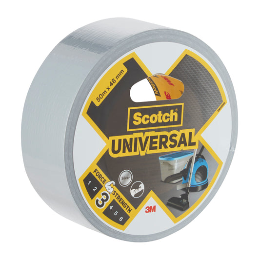 Eine Rolle silbernes Scotch® Universal Klebeband 2904 der 3M Deutschland GmbH (50 m x 48 mm) mit der Festigkeitsklasse 3/5 und einer Verpackung mit den Abbildungen eines Staubsaugers und eines Rohrs.