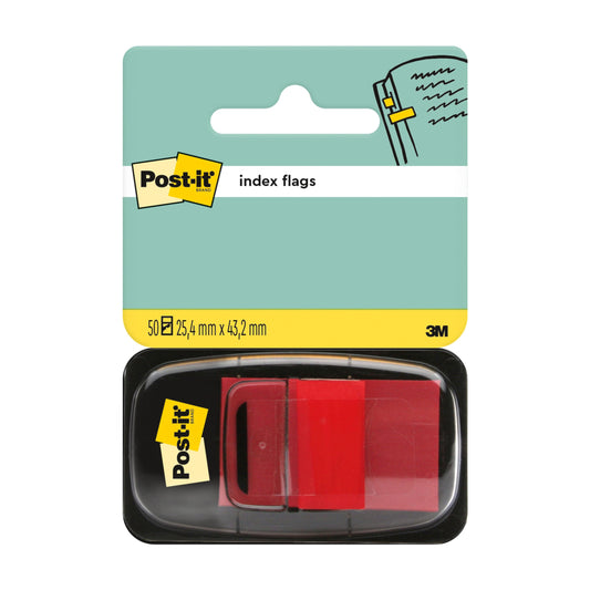 Eine Packung mit 50 Post-it® Index Haftstreifen (25,4 mm x 43,2 mm) von 3M Deutschland GmbH wird in einem schwarzen Spender mit gelbem Etikett und teal-gelber Kartonrückseite geliefert.