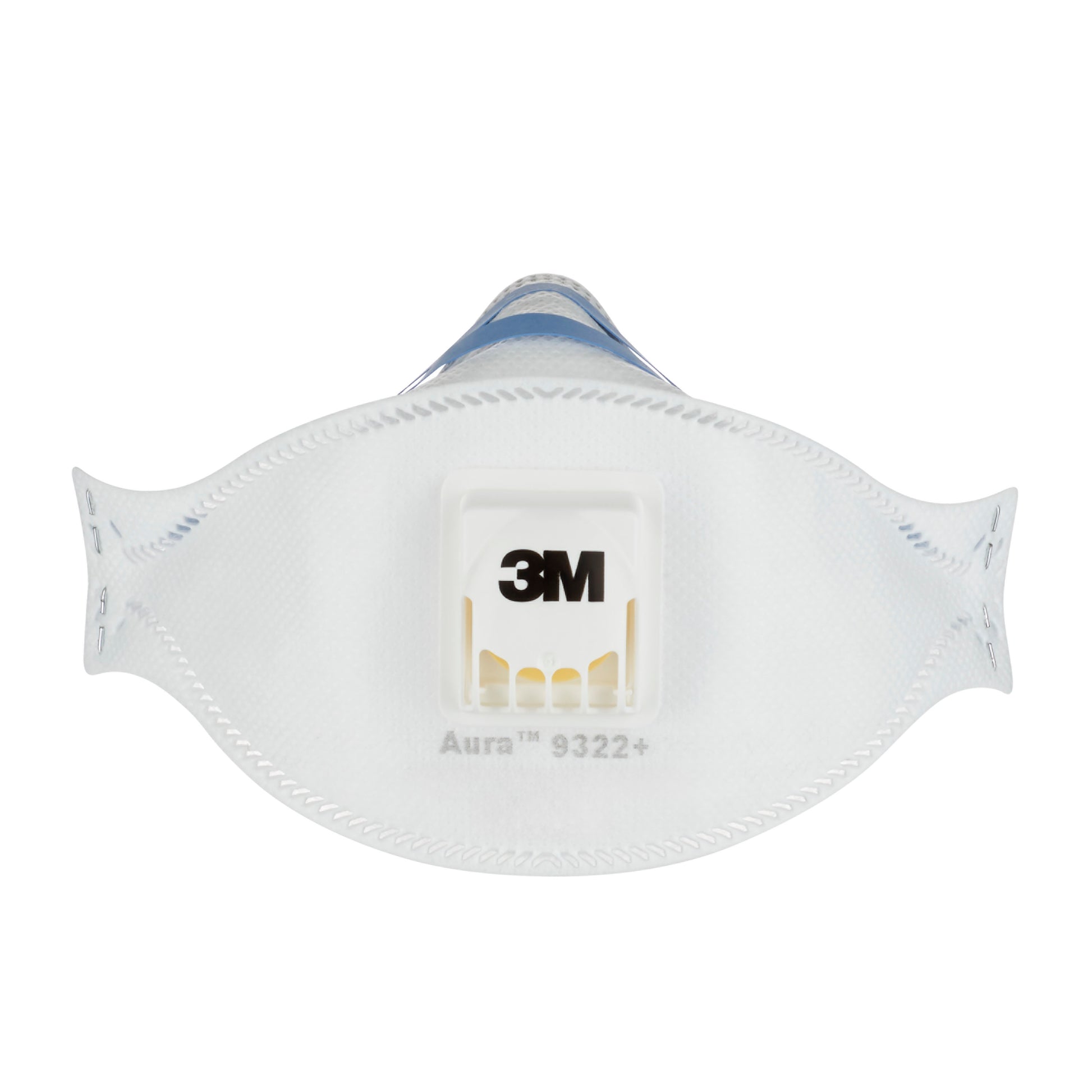 Abgebildet ist eine 3M™ Aura™ Comfort Cool Flow™ Partikelmaske 9322+, FFP2, mit Ventil der 3M Deutschland GmbH mit Zentralventil und sichtbarem Branding, fotografiert vor einem schlichten weißen Hintergrund.