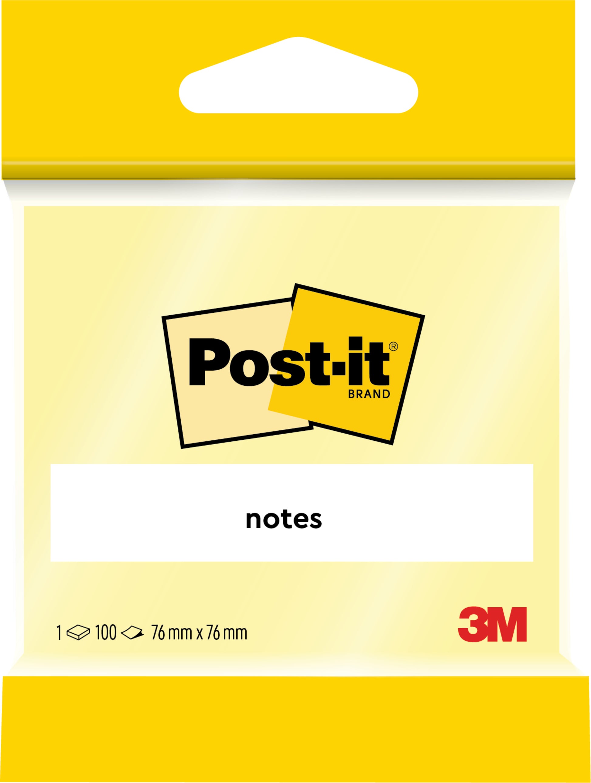 Eine Einzelverpackung der 3M Deutschland GmbH Post-it® Notes in Gelb, 76 x 76 mm, enthält 100 Blatt. Die Packung ist 100% PEFC-zertifiziert (SGSCH-PEFC-COC-110078).