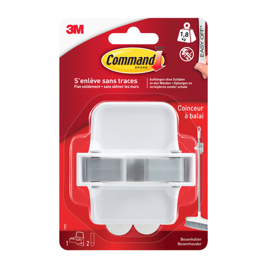 Der Command™ Besenhalter, 17007-FR von 3M Deutschland GmbH ist in einer versiegelten rot-weißen Verpackung (1 Stück) abgebildet, fasst bis zu 1,8 kg, hat einen französischen Text über beschädigungsfreies Entfernen und eine Illustration mit einem Besen.