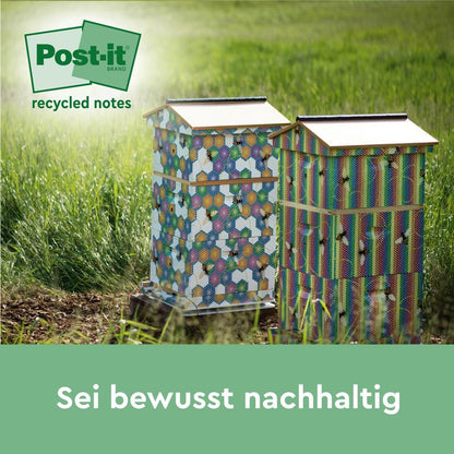 Two colorful beehives stand on a meadow in the sunlight. The logo of Post-it® Super Sticky 100% Recycled Notes (3M Deutschland GmbH) is located at the top left. Below is the text "Be consciously sustainable" in German.