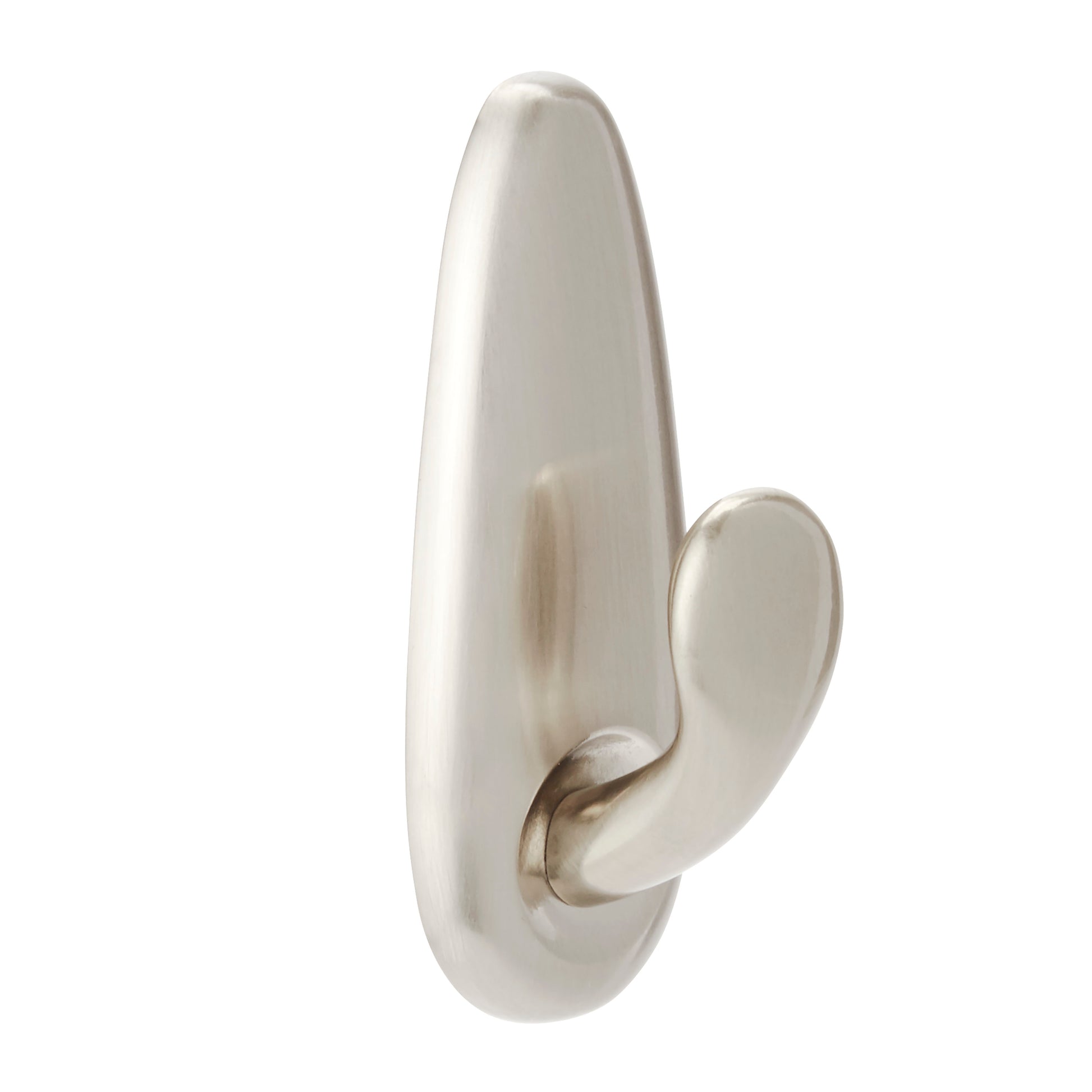 Der Command™ Metallhaken "klassisch" von 3M Deutschland GmbH ist ein Wandhaken aus gebürstetem Nickel mit einem glatten, abgerundeten Design und einem einzelnen gebogenen Haken, der auf einem weißen Hintergrund montiert ist.