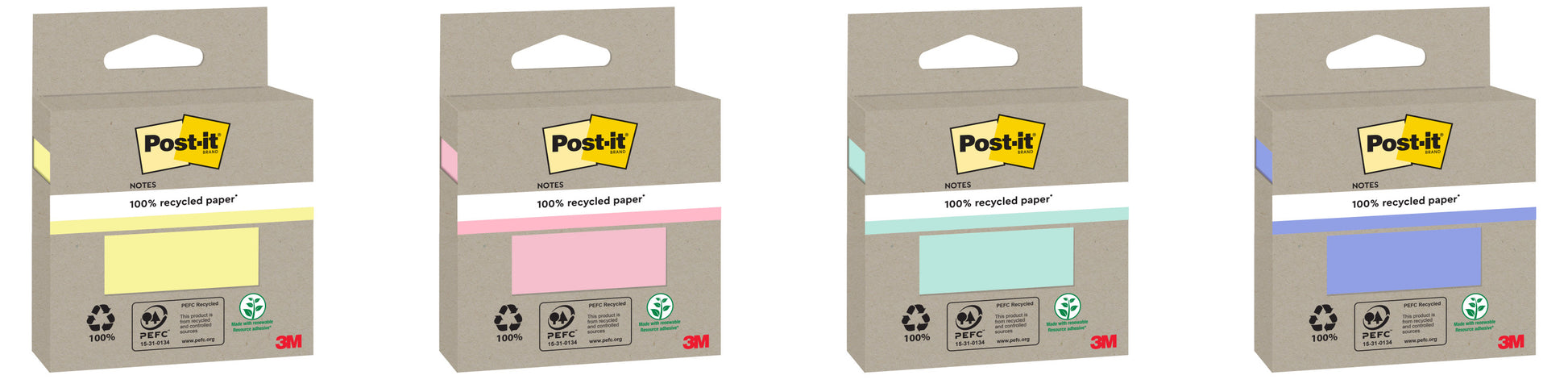 Vier Packungen Post-it® Recycling Notes (76 mm x 76 mm, je 100 Blatt, 100% PEFC) der 3M Deutschland GmbH sind nebeneinander in Schachteln mit Recycling-Symbolen abgebildet. Die Zettel sind gelb, rosa, grün und blau.