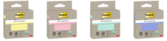 Vier Packungen Post-it® Recycling Notes (76 mm x 76 mm, je 100 Blatt, 100% PEFC) der 3M Deutschland GmbH sind nebeneinander in Schachteln mit Recycling-Symbolen abgebildet. Die Zettel sind gelb, rosa, grün und blau.