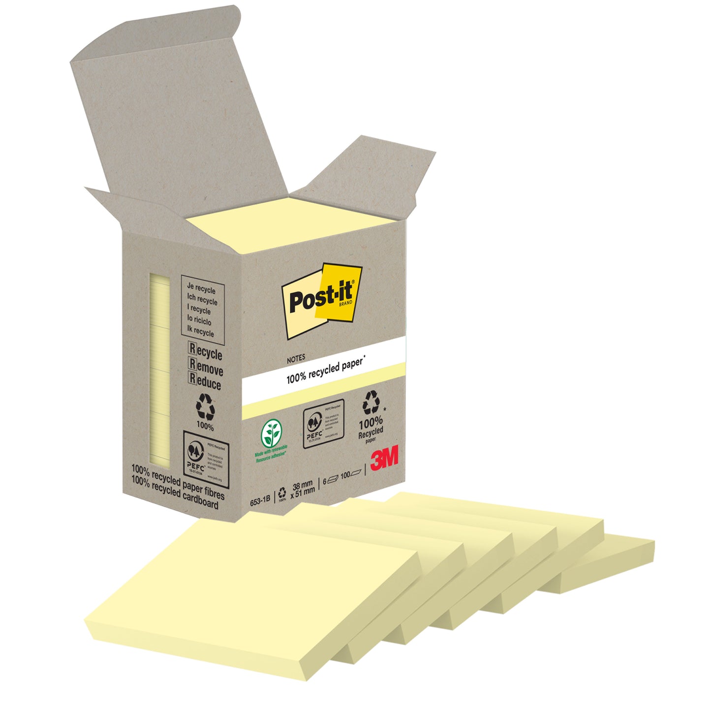 An open box of Post-it® Recycling Notes (38 mm x 51 mm, 100 sheets/block, 100% PEFC) from 3M Deutschland GmbH shows five yellow blocks, partially pulled out. The box features the 3M logo and recycling symbols.
