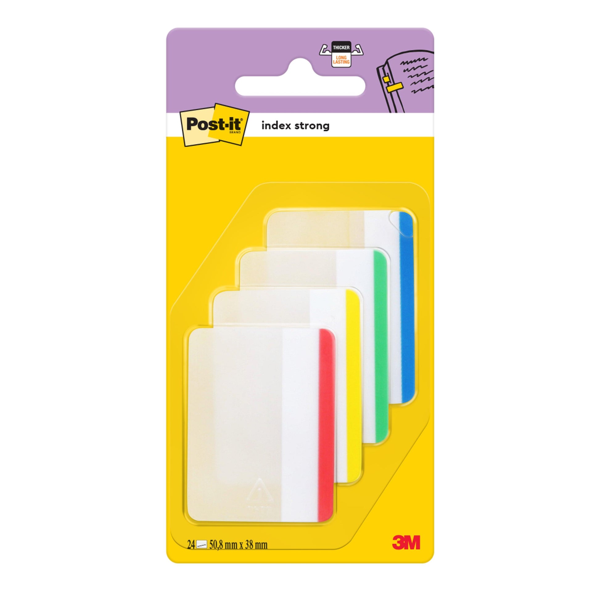 Eine Packung Post-it® Index Strong Ablagetabs von 3M Deutschland GmbH enthält 24 große, farbige Ablagetabs (50,8 x 38,1 mm) in einem Spender, mit verschiedenen Farben pro Set.