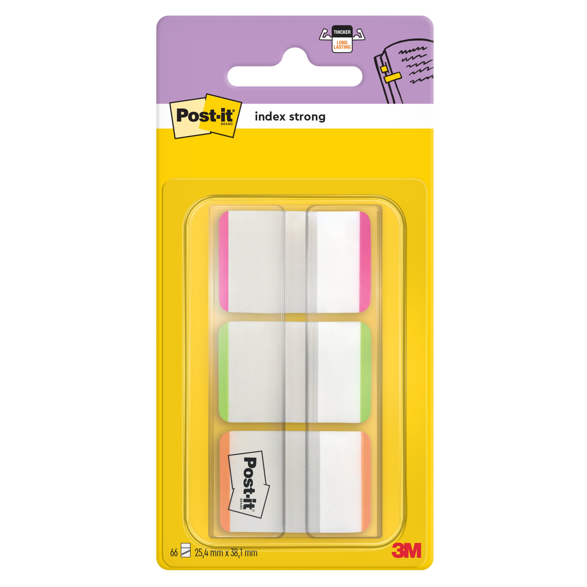 Abgebildet ist eine Packung 3M Deutschland GmbH Post-it® Index Strong Ablagetabs, Standard, verschiedene Farben (25,4 mm x 38,1 mm, 66 Haftstreifen/Spender), in klarer Kunststoff- und gelber Verpackung.