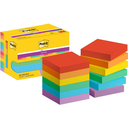 A box of Post-it® Super Sticky Notes (47.6 mm x 47.6 mm, 90 sheets/block, 100% PEFC) from 3M Deutschland GmbH is depicted with two stacks of colorful square blocks in the colors red, orange, yellow, green, blue, and purple.