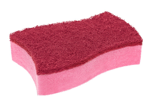 Der Scotch-Brite® Delicate Color kratzfreie Reinigungsschwamm von 3M Deutschland GmbH hat einen rosafarbenen Körper mit einer dunkelroten Scheuerschicht, isoliert auf weißem Hintergrund dargestellt. Die Packung enthält 2 Schwämme (1 Stück).