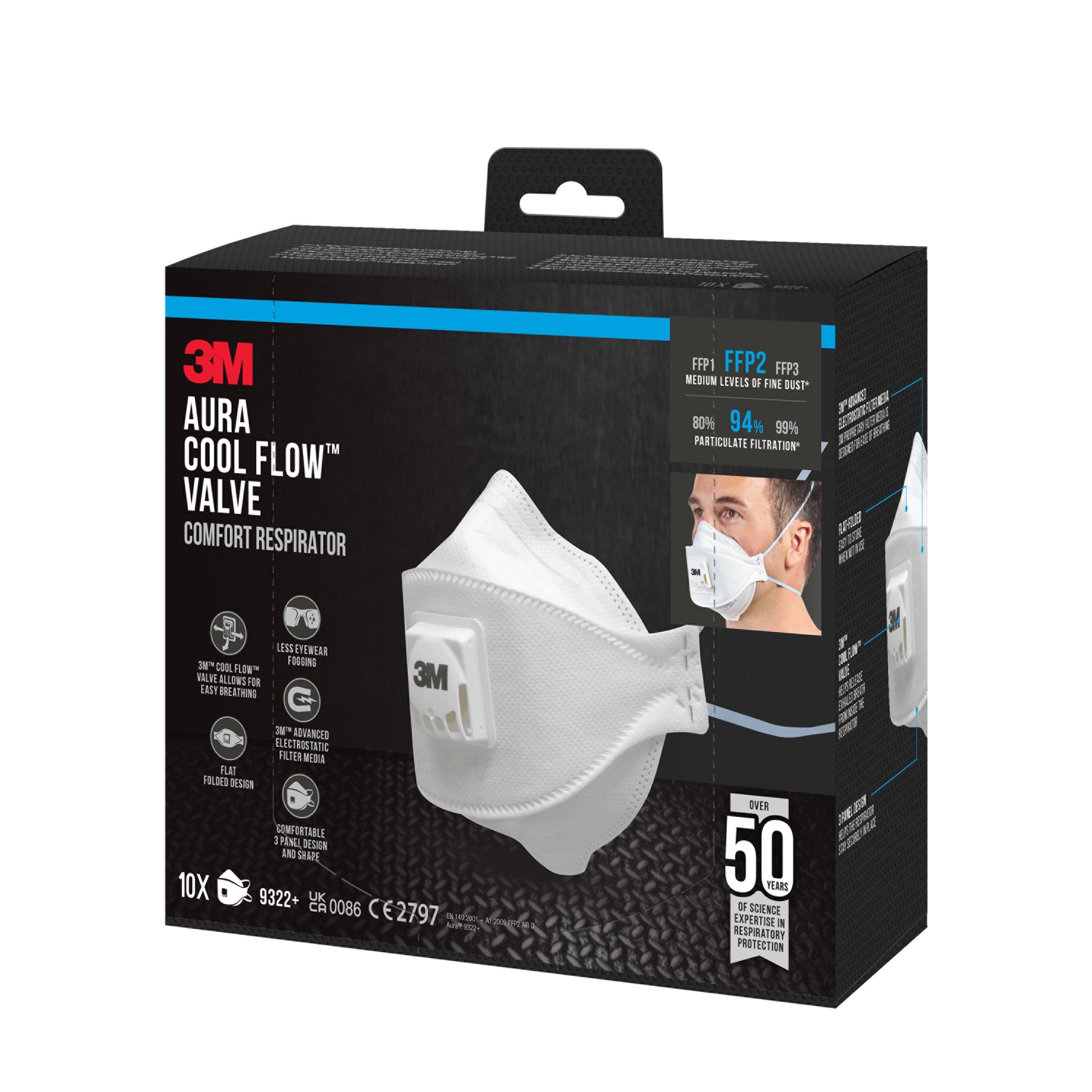 Eine Schachtel 3M™ Aura™ Comfort Cool Flow™ Partikelmaske 9322+, FFP2, mit Ventil von 3M Deutschland GmbH, mit einer Abbildung der weißen Atemschutzmaske, der Ventilkonstruktion und der Schutzstufe auf der Verpackung.