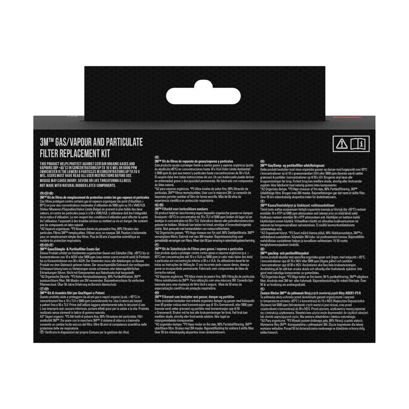 The back of the 3M™ Filter Set 6003-1, A2P3 organic vapors (2x6055, 2x5935, 2x501) by 3M Deutschland GmbH shows information and instructions in multiple languages on a black background with a hanging tab.