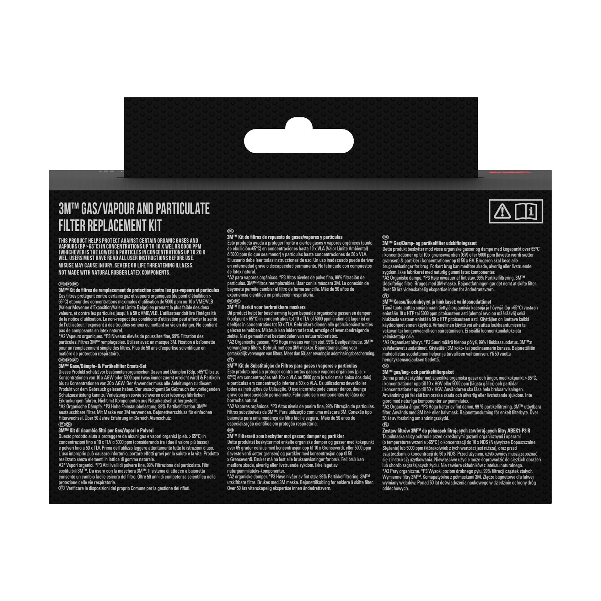 Rückansicht des 3M™ Filtersatzes 6003-1, A2P3 organische Dämpfe (2x6055, 2x5935, 2x501) Packung von 3M Deutschland GmbH mit mehrsprachiger Produktinformation und Anleitung auf schwarzem Hintergrund.