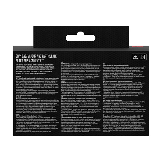 Rückansicht des 3M™ Filtersatzes 6003-1, A2P3 organische Dämpfe (2x6055, 2x5935, 2x501) Packung von 3M Deutschland GmbH mit mehrsprachiger Produktinformation und Anleitung auf schwarzem Hintergrund.
