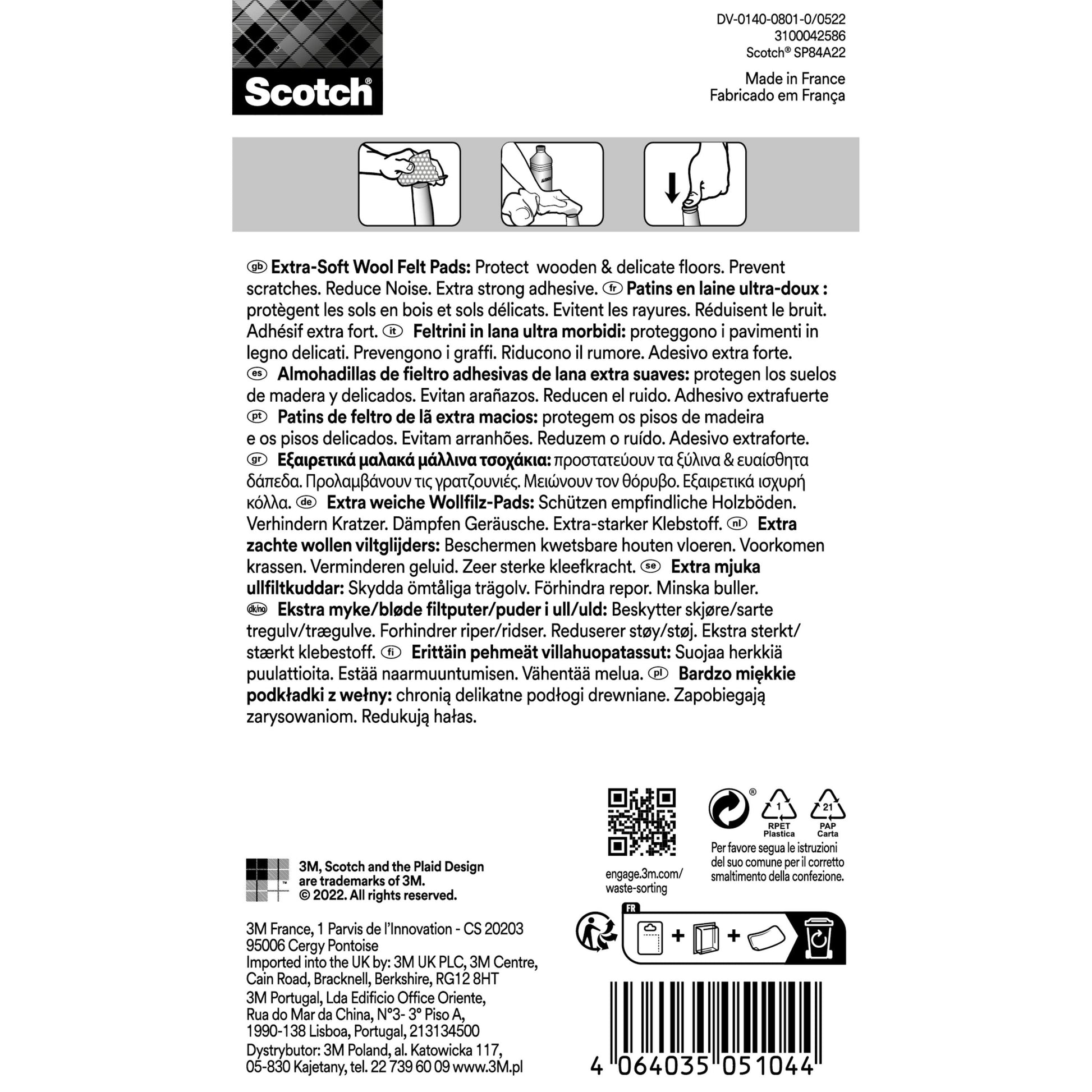Rückseite eines Scotch® Extra weiche Filzpads, selbsthaftend, beige Verpackung der 3M Deutschland GmbH mit schwarzem Text auf weißem Grund mit mehrsprachiger Anleitung, Vorteilen, Anwendungshinweisen und Barcode.