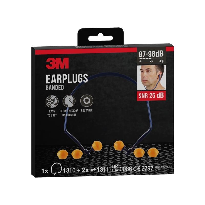 Pictured is a box of 3M™ Banded Earplugs 1310 + 2 pairs of replacement earplugs (SNR 24-25 dB, orange) from 3M Deutschland GmbH with a photo of a wearer and information on noise reduction (87-98 dB) on the packaging.