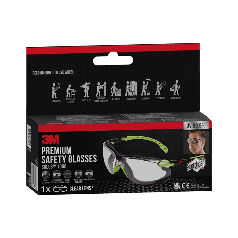 Box of 3M™ Solus™ Safety Glasses 1000 from 3M Deutschland GmbH, with clear lenses and Scotchgard™ Protector anti-fog coating, with attachable foam gasket. Suitable for tasks like grinding, carpentry, and landscaping.