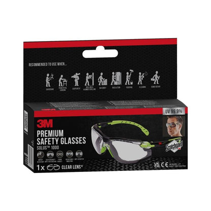 Box of 3M™ Solus™ Safety Glasses 1000 from 3M Deutschland GmbH, with clear lenses and Scotchgard™ Protector anti-fog coating, with attachable foam gasket. Suitable for tasks like grinding, carpentry, and landscaping.
