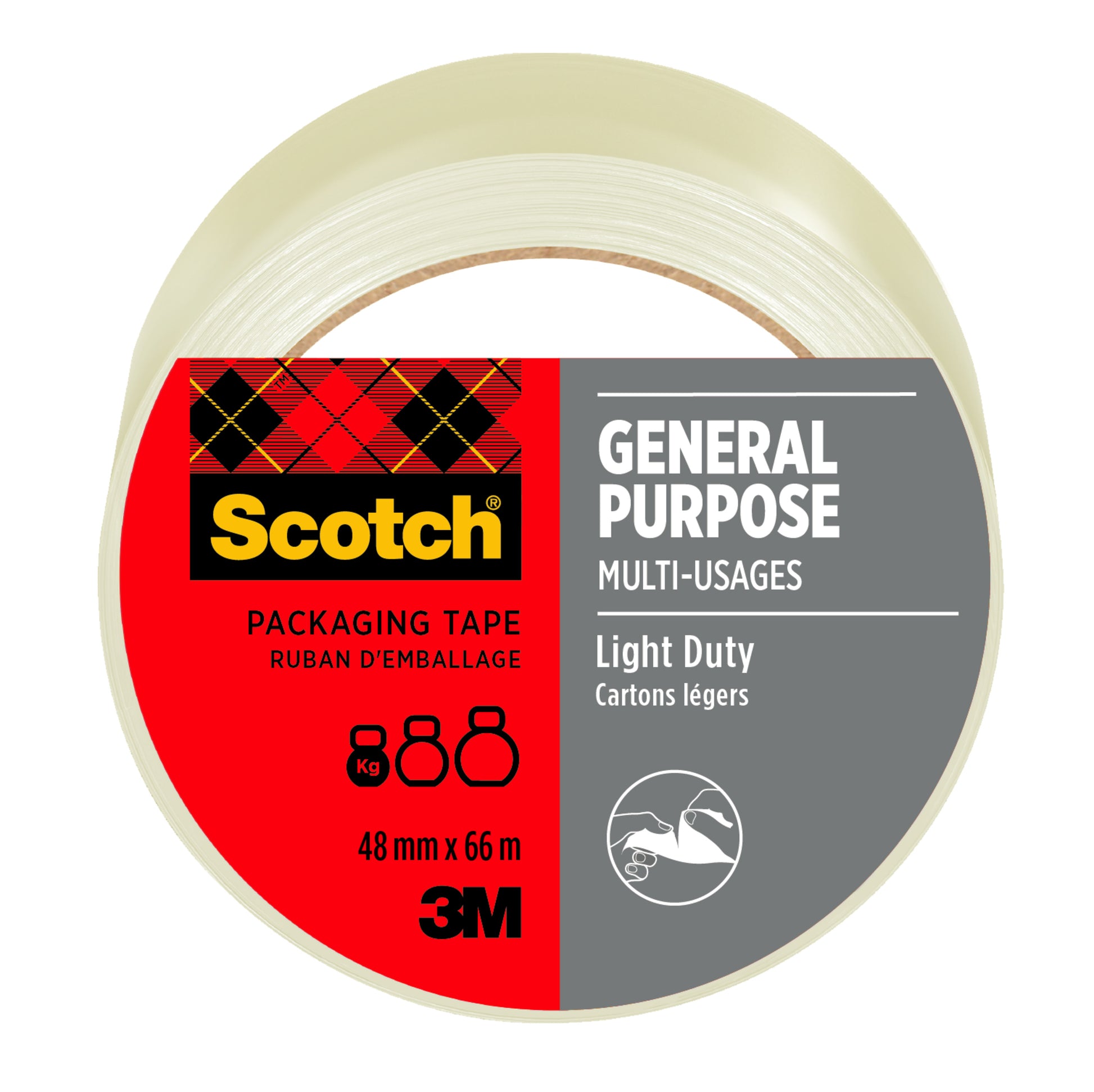 Eine Rolle 3M Deutschland GmbH Scotch® Allzweck-Klebeband, 48 mm x 66 m, klar und teilabgerollt, trägt ein rot-graues Etikett mit Marken- und Produktangaben sowie Icons für Leichtkartons.