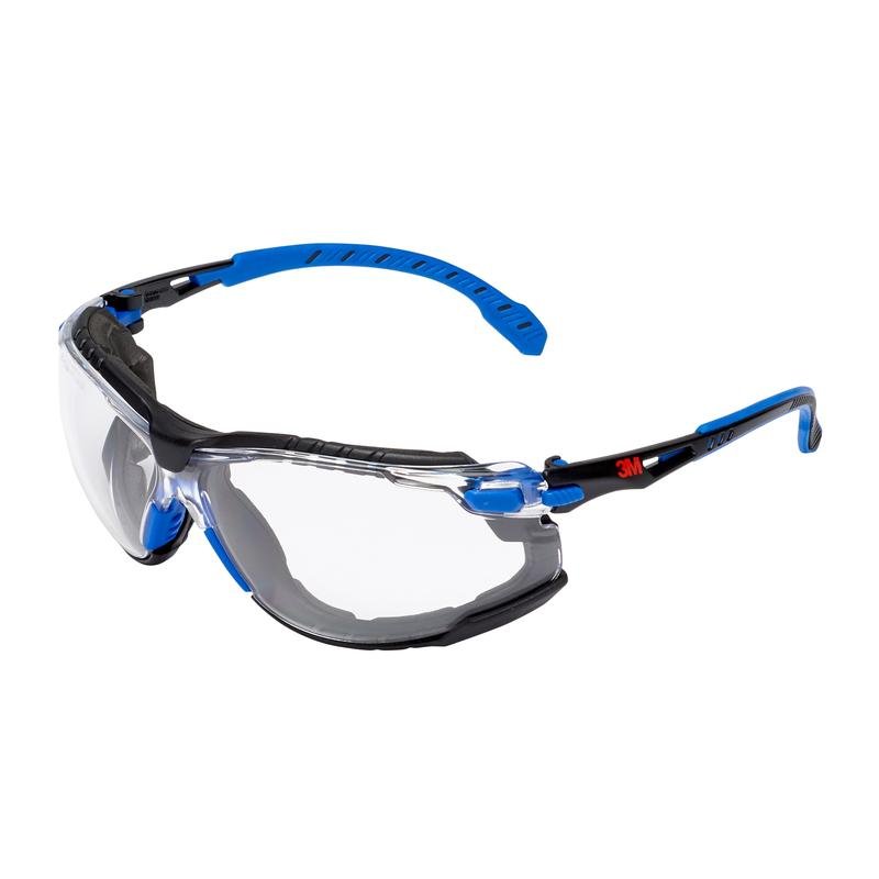 3M™ Solus™ Safety Glasses 1000 from 3M Deutschland GmbH with clear lenses, adjustable temples, black/blue frame, Scotchgard™ anti-fog coating, and attachable foam gasket.