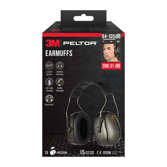 Eine Schachtel mit 3M™ PELTOR™ Optime™ II H520A Kapselgehörschützern (SNR 31 dB, Grün) von 3M Deutschland GmbH, mit Bildern des Produkts im Einsatz und Hervorhebung von Komfort, Design, Anpassbarkeit und "94-105dB"-Schutz. Die Packung enthält 1 Stück.