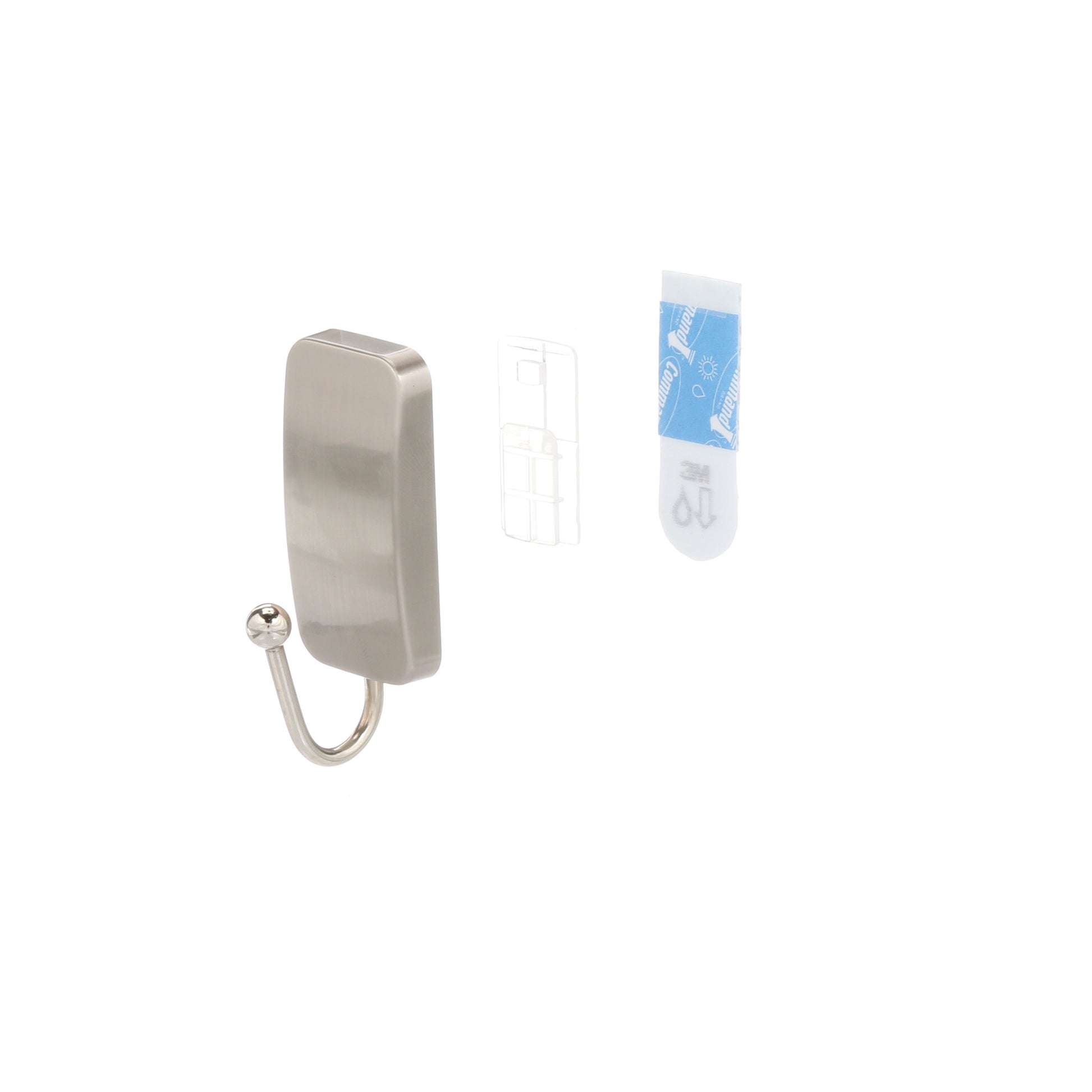 Der Command™ Metall-Haken Bad, schmal, Satin Nickel von 3M Deutschland GmbH wird mit klarem Kunststoff-Montagehalter und einer blauen Abzieh-Adhäsivstrippe auf weißem Hintergrund gezeigt.