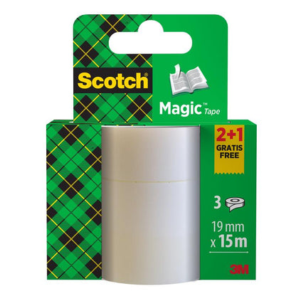 The Scotch® Magic™ Invisible Tape promotional pack (3M Deutschland GmbH) contains 2 rolls + 1 FREE roll each 19 mm x 15 m - ideal for craft projects or office use, with green-yellow packaging and "2+1 free" note.