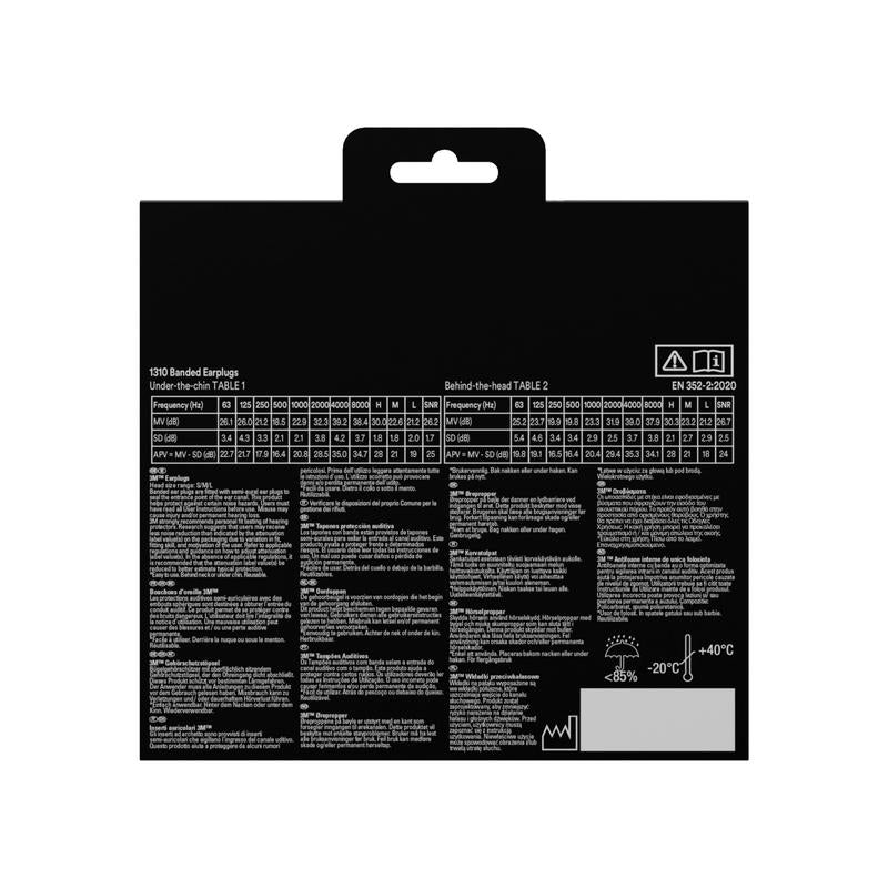 On the back of the 3M™ Banded Earplugs 1310 + 2 pairs of replacement earplugs (SNR 24-25 dB) from 3M Deutschland GmbH, there are white, multilingual tables, warnings, usage information, and a handle with a recess in the middle.