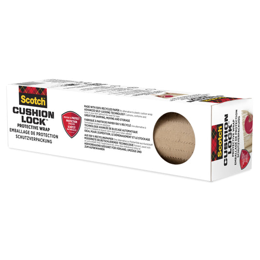 Eine rechteckige Schachtel Scotch™ Cushion Lock™ Schutzverpackung (30,4 cm x 9,14 m, 1 Rolle/Packung) der 3M Deutschland GmbH zeigt den Produktnamen und das Branding, mit einem Ausschnitt, der die braune Verpackung und einen Text über Eigenschaften und Recycling zeigt.