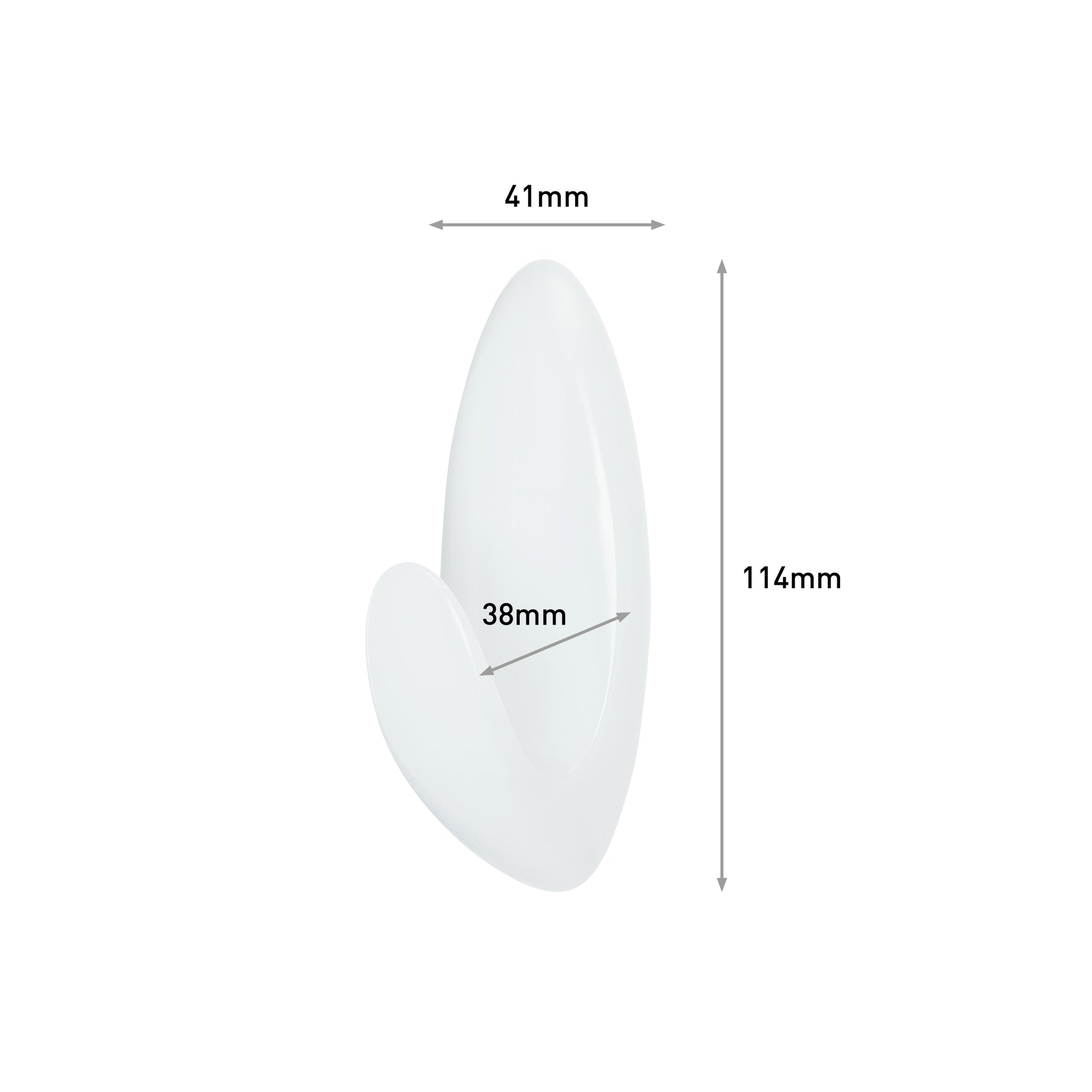 Der Command™ Bad Handtuchhaken von 3M Deutschland GmbH ist ein weißer Wandhaken mit einem glatten, geschwungenen Design, der 41 mm breit, 38 mm tief und 114 mm hoch ist. Schwarze Pfeile mit Text zeigen die drei Maße an.