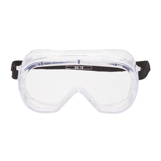 Die 3M™ Classic Schutzbrille 4800 von 3M Deutschland GmbH hat eine indirekt belüftete, klare Scheibe und einen Kunststoffrahmen mit einem schwarzen, verstellbaren Gummiband, abgebildet auf weißem Hintergrund. Die Packung enthält 1 Stück.