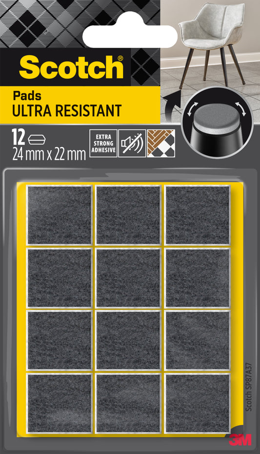 Scotch® Extrembeständige Filzpads SP87A37 von 3M Deutschland GmbH, 12 selbstklebende Filzpads (24mm x 22mm, grau/weiß) im 3x4 Raster auf gelber Unterlage, mit Stuhl und Schema für Möbelbeinschutz.