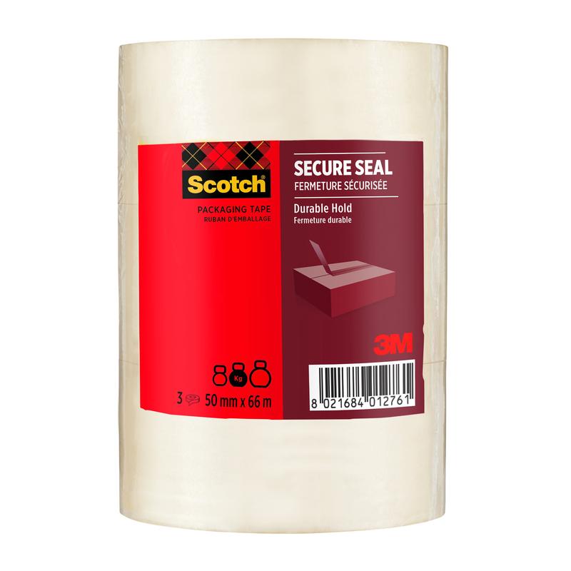 A 3-pack of Scotch® packaging tape for secure sealing (50 mm x 66 m) from 3M Deutschland GmbH, with red and black packaging with product information, barcode, and a picture of sealing a box.