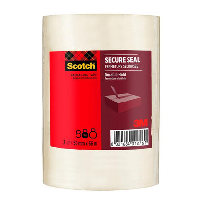 A 3-pack of Scotch® packaging tape for secure sealing (50 mm x 66 m) from 3M Deutschland GmbH, with red and black packaging with product information, barcode, and a picture of sealing a box.