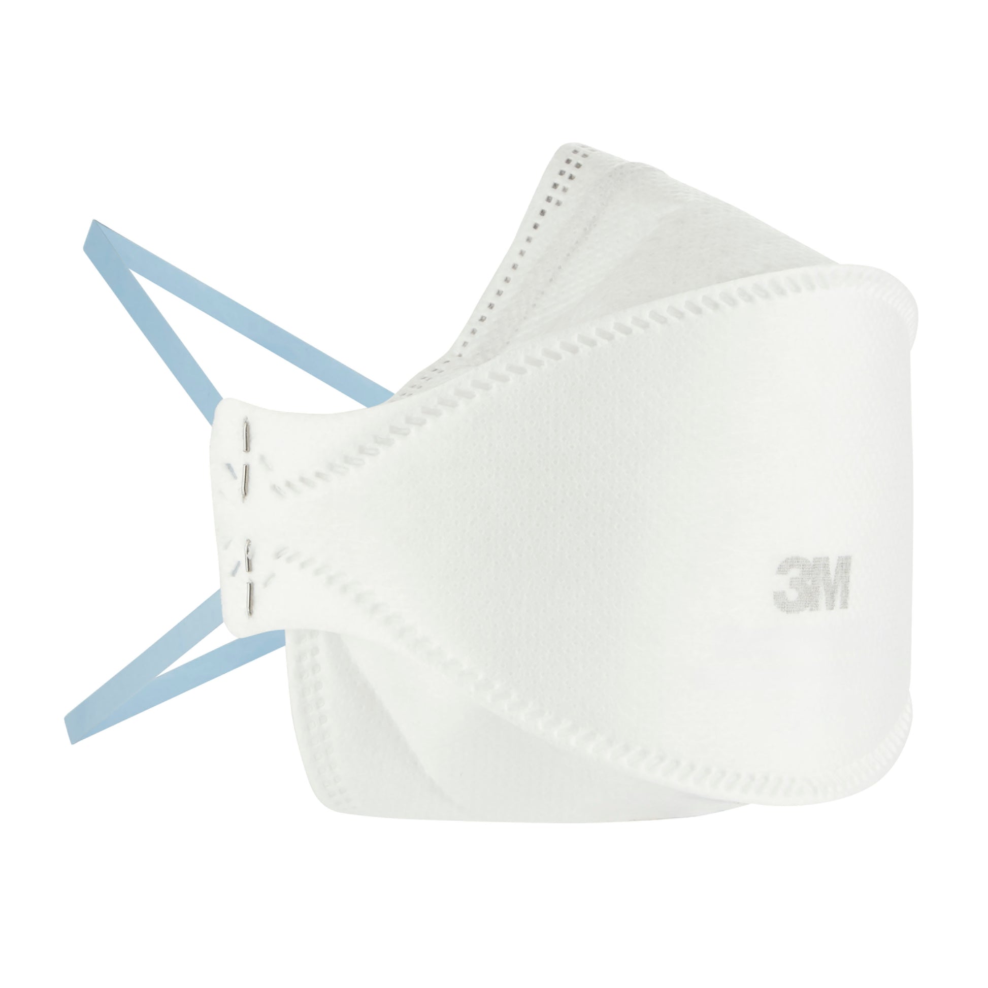 Die 3M™ Aura™ Komfort-Partikelmaske 9320+ FFP2, ohne Ventil, von 3M Deutschland GmbH wird seitlich gezeigt und präsentiert ihre gebogene Form und die blauen elastischen Bänder.