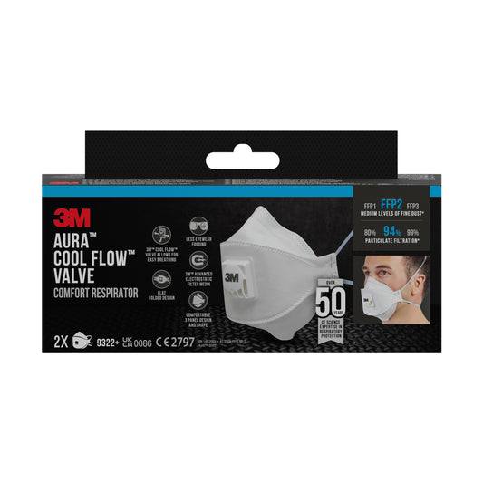 Eine Schachtel mit 3M™ Aura™ Comfort Cool Flow™ Partikelmaske 9322+ FFP2 von 3M Deutschland GmbH, die zwei weiße Masken mit einem Ventil, Produktdetails und Symbole für Atmungsaktivität und effektive Partikelfiltration zeigt.