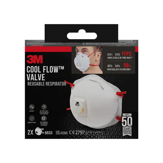 Die 3M™ Cool Flow™ Partikelmaske 8833, FFP3, mit Ventil (2er-Packung) von 3M Deutschland GmbH bietet bis zu 99 % Partikelfiltration und zeigt auf der Verpackung das weiße Maskendesign mit elastischen Bändern und Ventil.