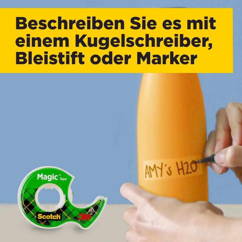 A hand labels an orange bottle with "AMY'S H2O" while holding a black pen. In the foreground is the Scotch® Magic™ Invisible Tape 8-1915R3/2 from 3M Deutschland GmbH - promotional pack with 2 rolls + 1 FREE roll.