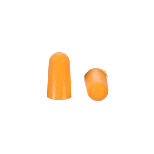 Zwei orangefarbene 3M™ Gehörschutzstöpsel (ohne Kordel, Zweierpack, 1100P, 1 Stück) der 3M Deutschland GmbH sind auf weißem Hintergrund abgebildet; einer steht aufrecht, der andere liegt auf der Seite.