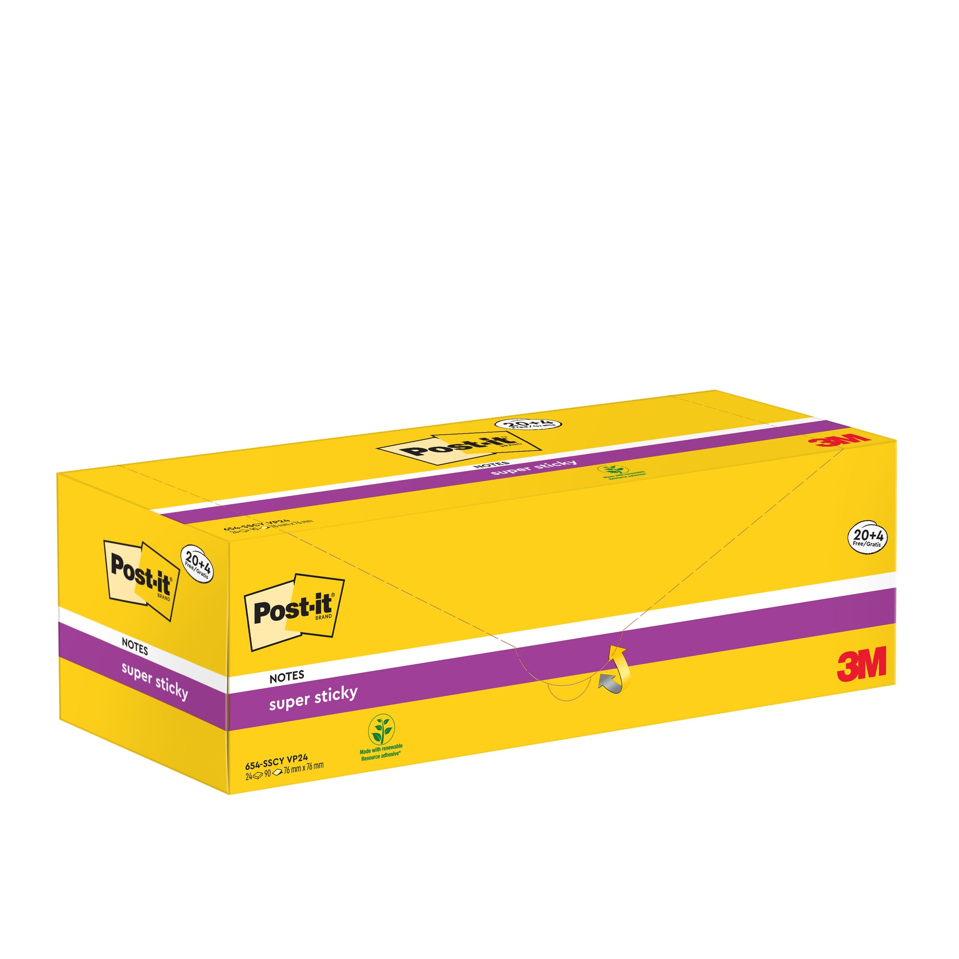 Eine gelbe, rechteckige Schachtel mit Post-it® Super Sticky Notes (76 mm x 76 mm, 90 Blatt/Block, 100% PEFC) von 3M Deutschland GmbH zeigt das Markenlogo, Produktdetails, das grüne Zertifizierungssymbol und weist auf eine Aktionspackung hin.